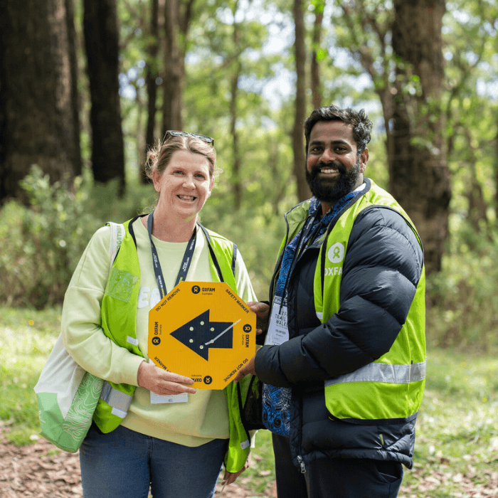 Melbourne, Australia: Volunteer trail marshalls ensure walkers go the right way at Melbourne Trailwalker 2023.