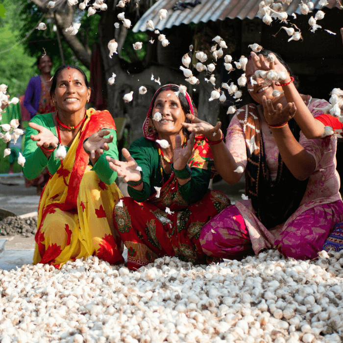 Gaudi, Beldandi municipality, Nepal: Members of a women’s group celebrate the success of their garlic project. Oxfam and partner NEEDS provided technical assistance for the project, including training sessions. The women have led efforts to reduce disaster risks and bring essential services to their community. Photo: Elizabeth Stevens/Oxfam.