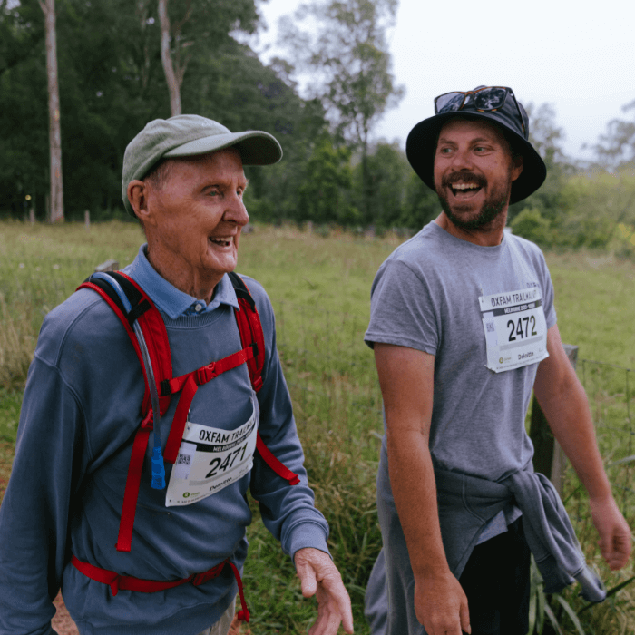 Melbourne, Australia: At age 82, Brian Green, left, took on Oxfam Trailwalker for the seventh time, finishing the 100km course in 34 hours. Photo: Sam Biddle/Oxfam