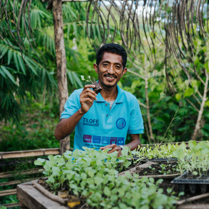 Gleno, Ermera, Timor-Leste: Zaquiel Martins de Carmo, the founder of local partner organisation Timor-Leste Organic Fertiliser Enterprise (TILOFE) who produce Timor-Leste’s only commercial organic fertiliser and is also conserving water at his property in Ermera through reforestation. Photo: Keith Parsons/Oxfam.