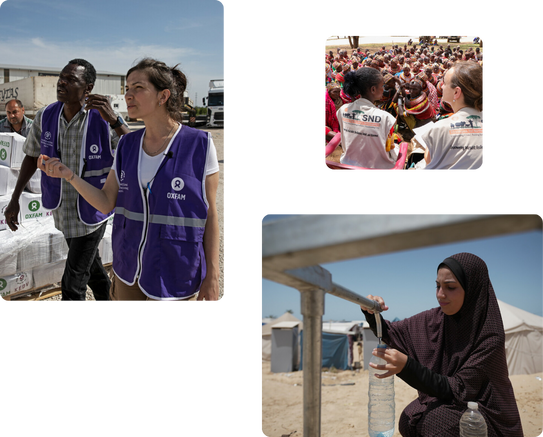 Left to right: Hatay, Turkiye: Oxfam Staff members of KEDV discussing matters to efficiently coordinate the emergency support in the camp. Photo: Elizia Flaccavento/Oxfam. Palestinian Territory, Occupied: Duaa Abu Sabha is filling water bottles from Oxfam's water tank, which has been installed in the Al-Mawasi area of Khan Yunis Governorate. Photo: Alef Multimedia/Oxfam. Kenya: Oxfam and local partner organisation staff members meet with community members in Farakoren, Kenya. They are facing severe food insecurity, water stress and public health risks due to several years of drought. Photo: Claire Walker/Oxfam.Palestinian Territory, Occupied: Duaa Abu Sabha is filling water bottles from Oxfam's water tank, which has been installed in the Left to right: Al-Mawasi area of Khan Yunis Governorate. Photo: Alef Multimedia/Oxfam. Kenya: Oxfam and local partner organisation staff members meet with community members in Farakoren, Kenya. They are facing severe food insecurity, water stress and public health risks due to several years of drought. Photo: Claire Walker/Oxfam.Palestinian Territory, Occupied: Duaa Abu Sabha is filling water bottles from Oxfam's water tank, which has been installed in the Al-Mawasi area of Khan Yunis Governorate.Photo: Alef Multimedia/Oxfam. Kenya: Oxfam and local partner organisation staff members meet with community members in Farakoren, Kenya. They are facing severe food insecurity, water stress and public health risks due to several years of drought.Photo: Claire Walker/Oxfam.